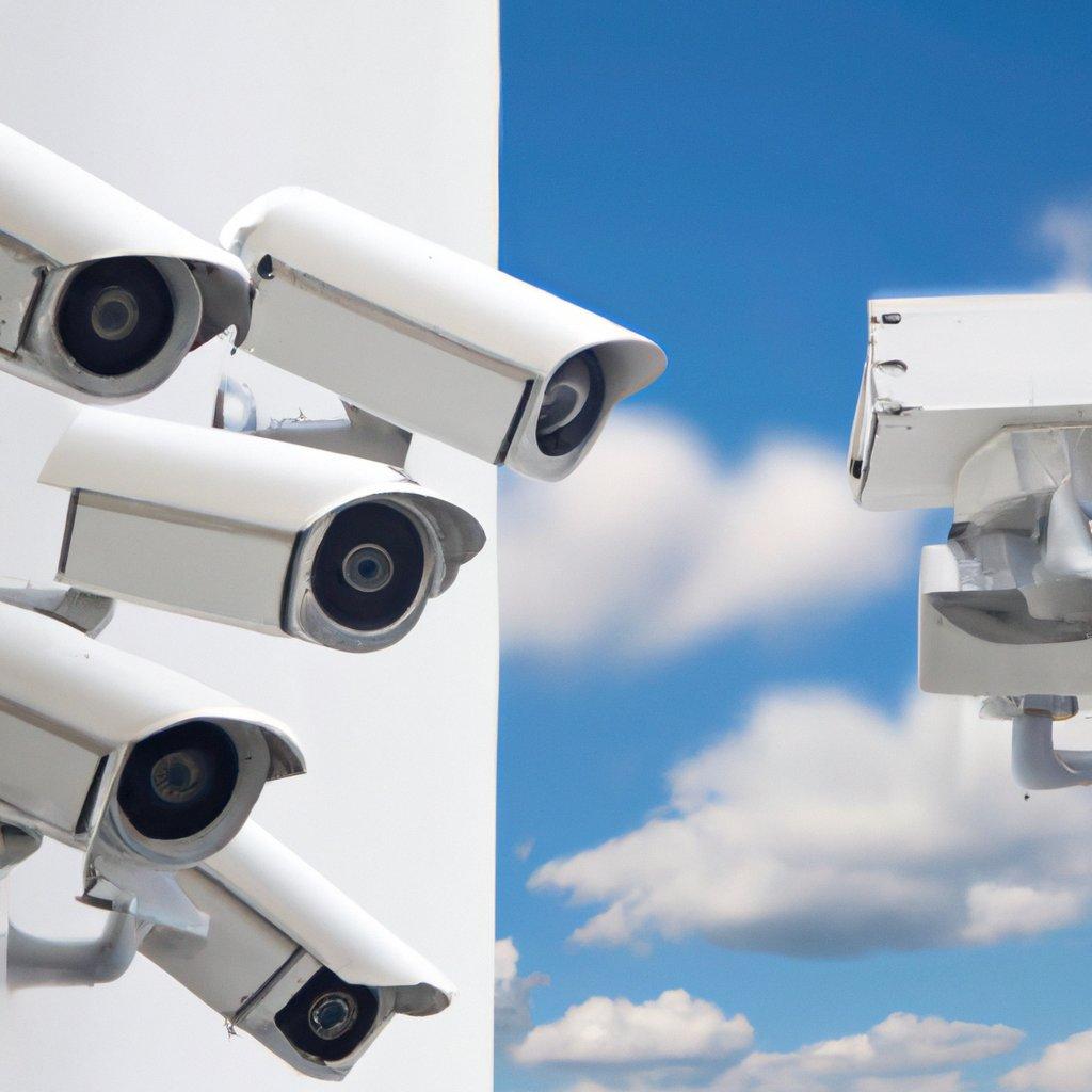 Slika različnih modelov video nadzornih kamer, vključno s Hikvision in Dahua, ter prikaz nadzornih sistemov in brezžičnih alarmnih sistemov za hišo.